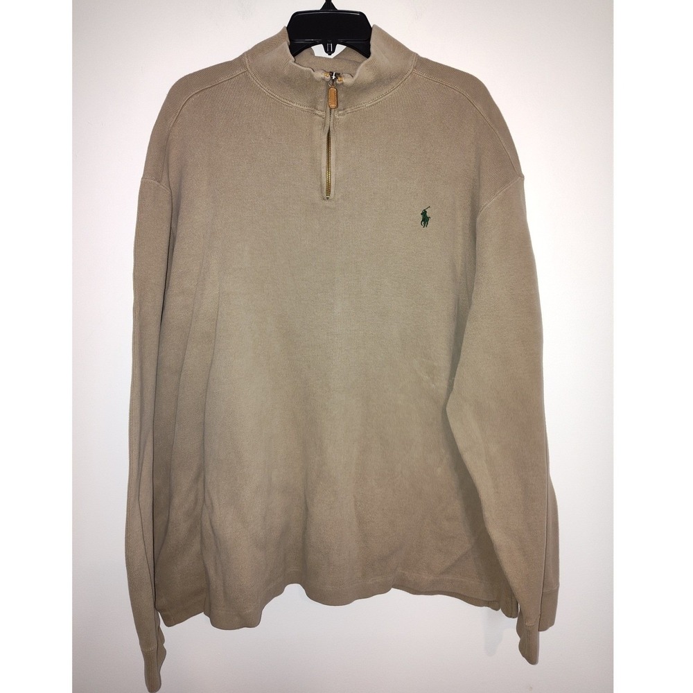 Polo Ralph Lauren Mens XXL Tan Khaki 100% Cotton Quarter Zip Pullover Sweater